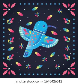 Beautiful blue hummingbird. Mexican style vector illustration. Flat illustration.