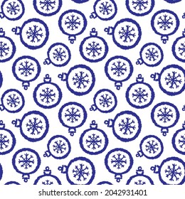 Beautiful blue ink round Christmas balls and snowflakes isolated on white background. Cute monochrome festive seamless pattern. Vector simple flat graphic hand drawn illustration. Texture.