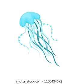 Beautiful blue jellyfish. Sea animal with long tentacles. Marine creature. Flat vector for poster, children book or mobile game