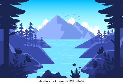 beautiful blue landscape in the nature with birds and river vector illustration