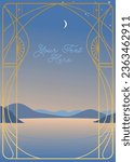 Beautiful blue landscape through the art nouveau window. Vector illustration