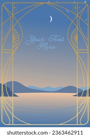 Beautiful blue landscape through the art nouveau window. Vector illustration