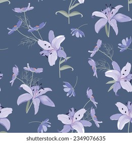 Beautiful blue lilies. Seamless vector illustration. For decorating textiles, packaging, wallpaper.