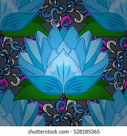 Beautiful blue lotus seamless pattern. Water lily flower. Abstract blue and pink floral background in vector