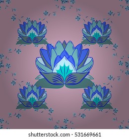 Beautiful blue lotus seamless pattern. Water lily flower. Abstract blue and pink floral background in vector