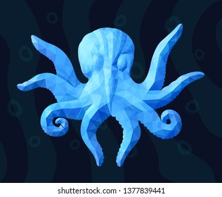 Beautiful blue low poly illustration with light octopus silhouette on dark background