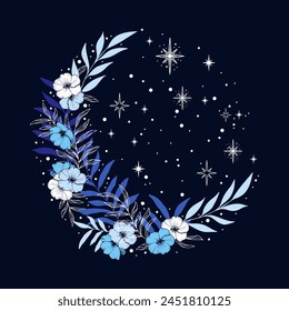 Hermosa luna creciente mágica azul con flores y hojas. Elementos boho decorativos. Tarjetas de felicitación, invitaciones. Ilustración vectorial aislada.