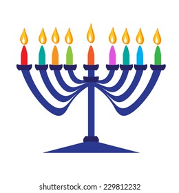 Beautiful blue menorah candlestick with multicolor candle and flame. Vector flat illustration for Hanukkah, jewish holiday. Eps 10. Isolated on white background. 