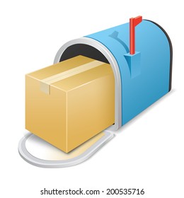 Beautiful blue metallic opened mailbox. Vector icon. Package.