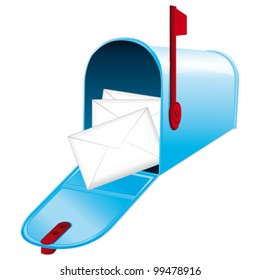 Beautiful blue metallic opened mailbox full of letters. Vector icon.