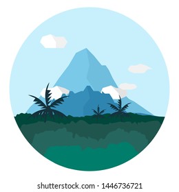 Beautiful Blue mountain landscape with palm trees. Clouds flying over and around the mountain top. Blue sky. Lush green mountain. 