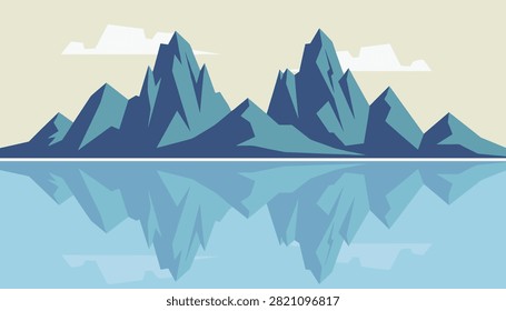 Beautiful blue mountain range with snow peak reflected on calm lake water surface under clean sky vector illustration.