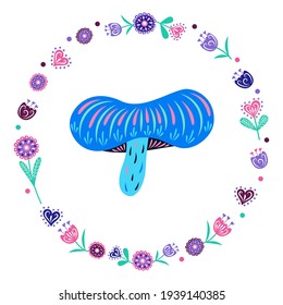 A beautiful blue mushroom with a large hat and pattern. Fantasy. Vector illustration. The isolated image on a white background. 