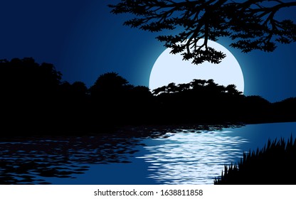 Beautiful blue night with full moon and river