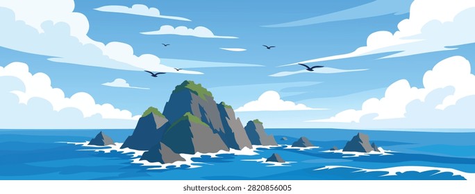 Beautiful Blue Ocean Sea Rocks Flat Vector Landscape With Crashing Waves And Clouds