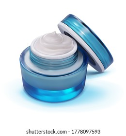 Beautiful blue open jar with white cream for face and body. Vector 3d realistic illustration, mock up isolated on white background. Women's cosmetics.