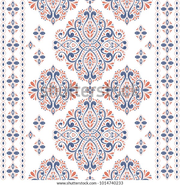 美しい青とオレンジの花のシームレスな柄 ビンテージ 伝統的 民族的 トルコ的 インド的なモチーフ 布地 繊維 壁紙 包装 または任意のアイデアに最適 のベクター画像素材 ロイヤリティフリー