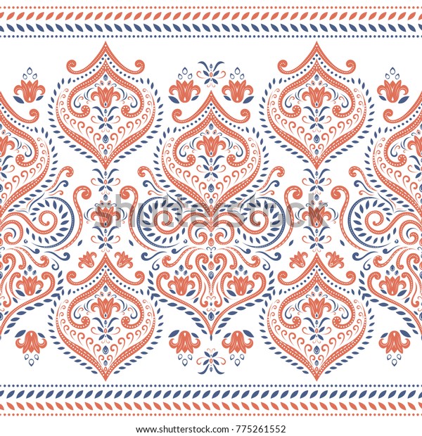美しい青とオレンジの花のシームレスな柄 ビンテージ ペイズリーのエレメント 伝統的 民族的 トルコ的 インド的なモチーフ 布地 繊維 壁紙 包装 または任意のアイデアに最適 のベクター画像素材 ロイヤリティフリー