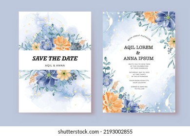 Beautiful Blue Orange Floral Wedding Card Template