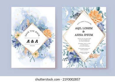Beautiful Blue Orange Floral Wedding Card Template