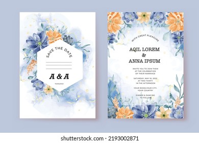 Beautiful blue orange floral wedding card template
