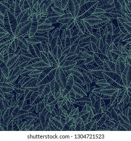 Beautiful blue ornament with leaves, seamless vector pattern with a natural motif. Designed for fabrics, textiles, wallpaper