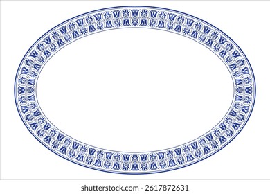 Beautiful blue oval frame arabesque. Blue plate with floral design. Vintage, ethnic vector frame with greek pattern (EPS). Pattern frame for oval surfaces, textiles, embroidery, ceramics, porcelain