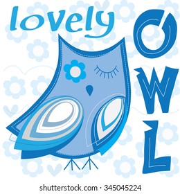 beautiful blue owl with flowers vector illustration
