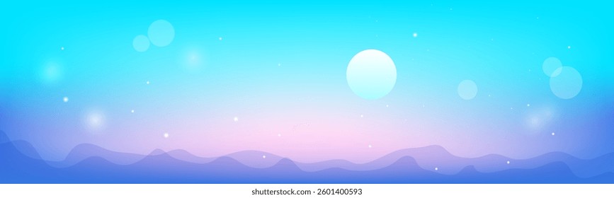 Beautiful blue panoramic view background, vector illustration. Morning sun, clouds, fog. Sky bg