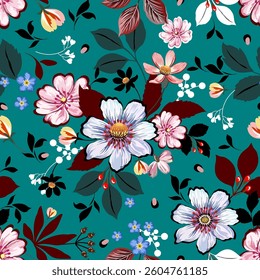 Beautiful blue, pink, black floral pattern, seamless hand drawn on green background designed for fabric, fashion, textile, wallpaper, gift wrapping paper.
