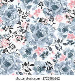 Beautiful blue and pink blossom and leaf pattern,illustration vector doodle comic art.