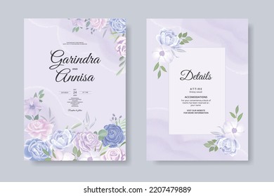  Hermosa plantilla de tarjeta de invitación a bodas con marco floral azul rosa Premium Vector