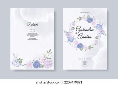  Beautiful blue pink  floral frame wedding invitation card template Premium Vector