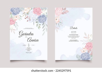 Beautiful blue and pink floral frame wedding invitation card template Premium Vector