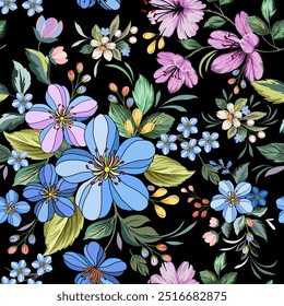 Beautiful blue and pink flowers, hand drawn, seamless, on a black background. Designed for fabric, fashion, textiles, wallpaper, gift wrap.