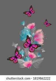 Beautiful blue and pink flowers from lines with butterflies. Vector illustration