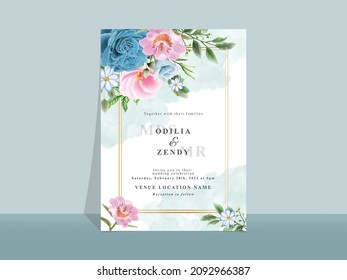 Beautiful blue and pink flowers wedding invitation card