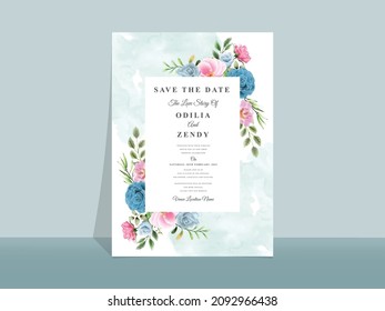 Beautiful blue and pink flowers wedding invitation card