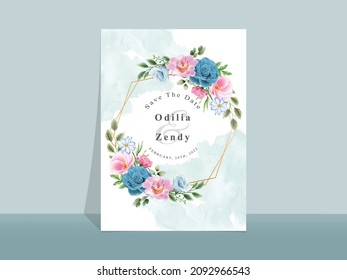 Beautiful blue and pink flowers wedding invitation card