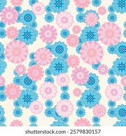 Beautiful blue and pink pastel blossom pattern for fabric and background.