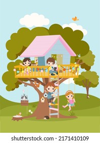 Beautiful blue and pink treehouse with playing kids and cute animals