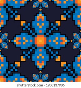 Beautiful blue pixel flowers isolated on blue background. Cute floral seamless pattern. Vector flat graphic illustration. Texture.