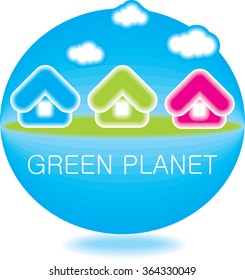 beautiful blue planet with village houses, the clouds on white background. vector illustration