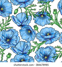 Beautiful blue poppies.Vector seamless pattern