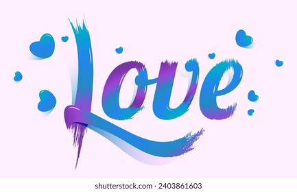 Beautiful Blue and Purple Brush Stroke Effect Love Font Message Decor with Tiny Heart Shape on white Background.