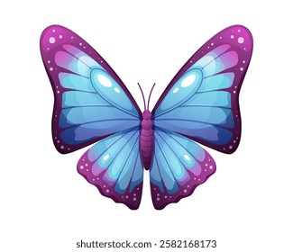 Beautiful blue and purple butterfly on white background. Brightly colored butterfly, winged insect. Vector isolated element