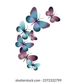 Beautiful blue and purple watercolor butterflies. Vector esoteric illustration. Greeting cards, covers, banners, flyers, invitations.
