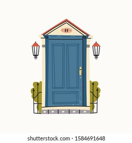 Beautiful blue retro vintage Front Door. Lamp on a brick wall. House Exterior. Home Entrance. Hand drawn colored vector illustration. Isolated on a white background