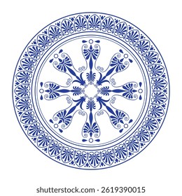Beautiful blue round frame arabesque. Monochrome plate with large element in the center. Vintage, European vector frame with arabesques. Pattern frame for textile, embroidery, porcelain, ceramic  
EPS