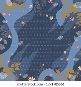 Hermoso patrón de bufanda azul con adorno de flores y hojas en azul. Diseño hijab